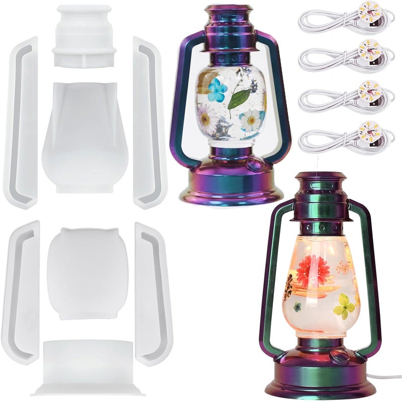 Actvty Kerosene Lamp Resin Mold Set, 2 Shapes Lantern Silicone Molds for Resin Casting, Camping Lantern Molds with 4pcs LED Lights DIY Retro Oil Lamps for Table Fireplace Home Decoration - Image 1